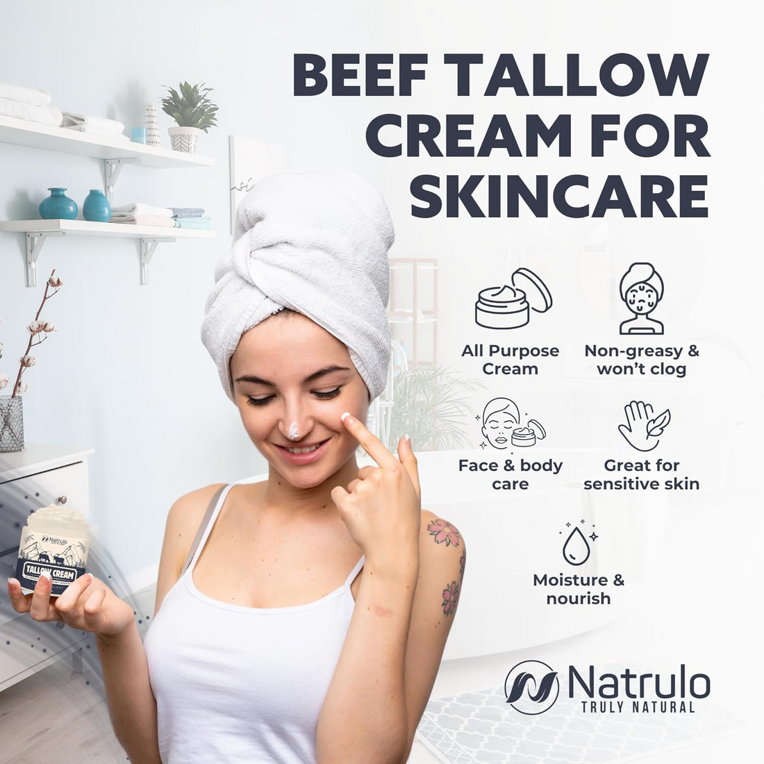 Beef Tallow Cream – All Natural Grass Fed Beef Tallow and Honey All Purpose Balm – Moisturizing Face and Body Lotion for Eczema, Cracked, Dry, Itchy, Irritated Skin – Skin Repair Skincare Made in USA
